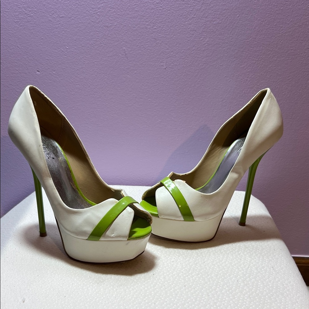 Stylish White and Green Peep-Toe Heels